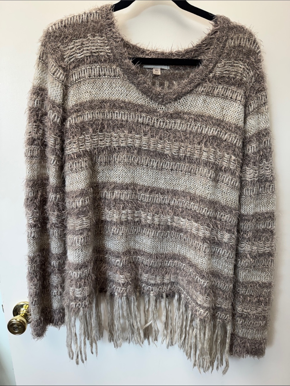 Knox Rose Taupe & Cream Striped Fringe V-Neck Sweater